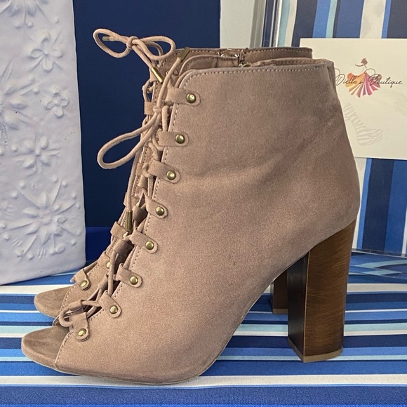 Light brown/beige suede like lace up open toe chunky high heel ankle booties - Picture 4 of 15